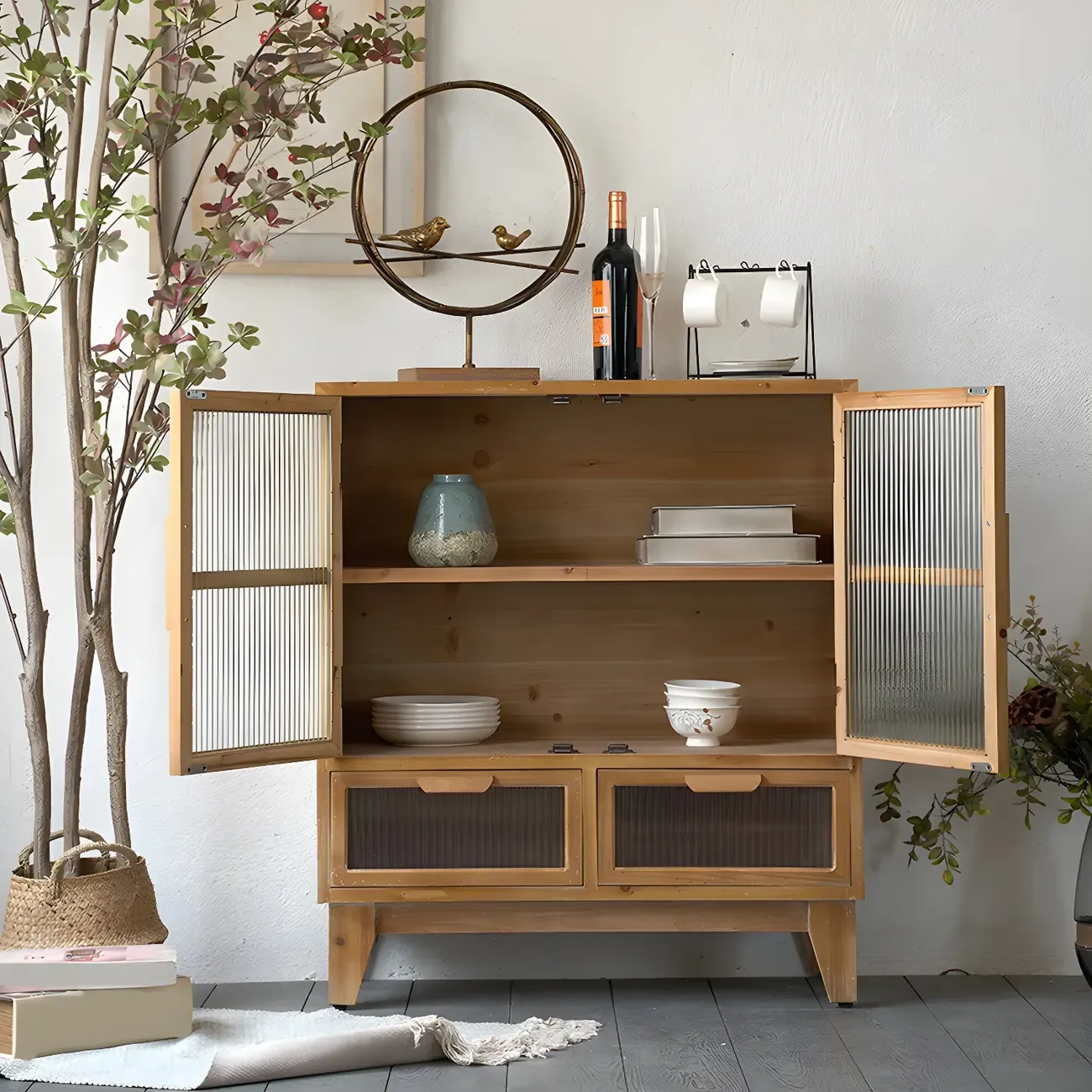 Traditional Wooden Display Cabinet with 2-Drawers for Home Image - 5