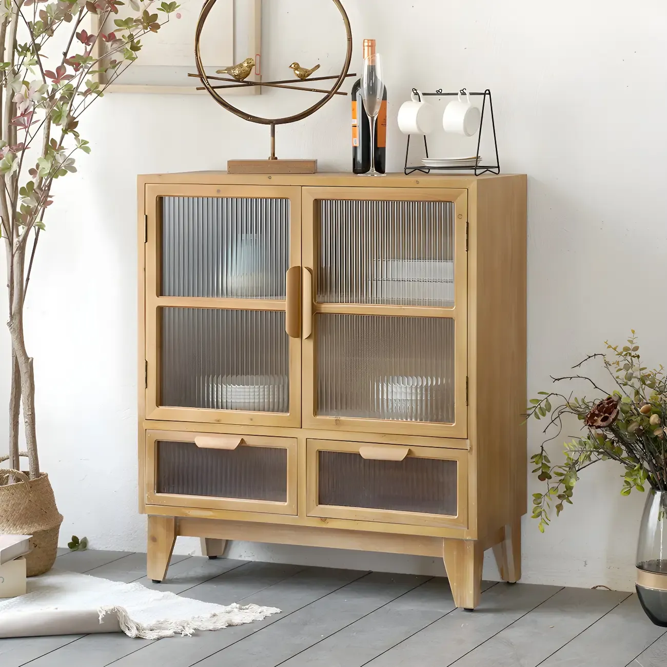 Traditional Wooden Display Cabinet with 2-Drawers for Home Image - 6