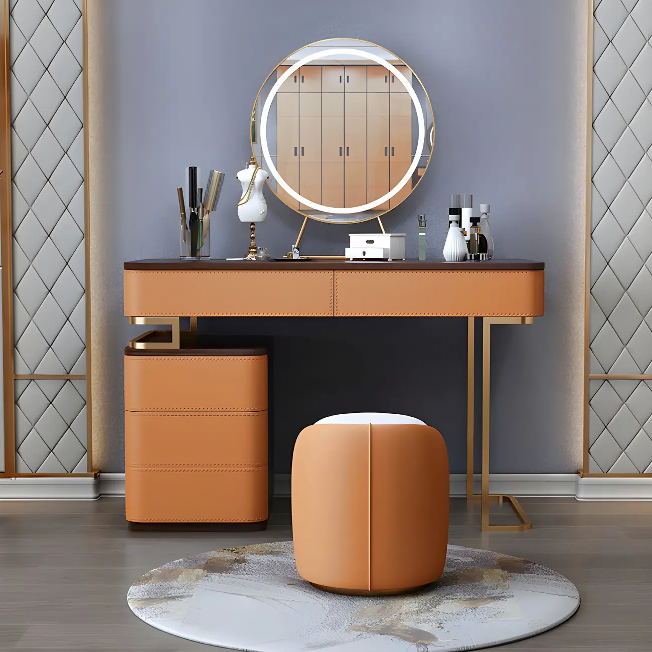 Glam Solid Wood Orange Makeup Vanity Set Image - 1 | homeyfad