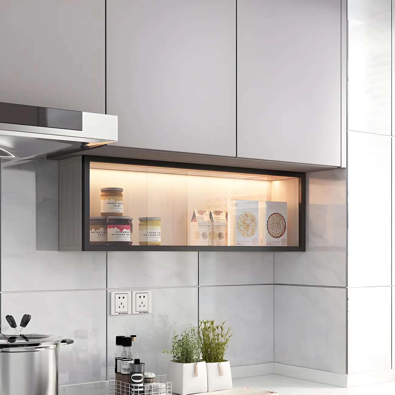 kitchen Black Wall Mount Wood Short LED China Cabinet Image - 1 | homeyfad