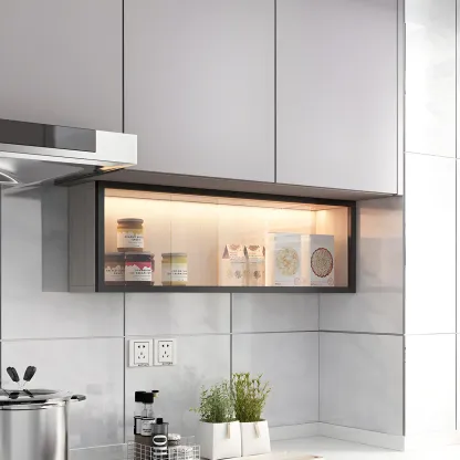 kitchen Black Wall Mount Wood Short LED China Cabinet Image - 1
