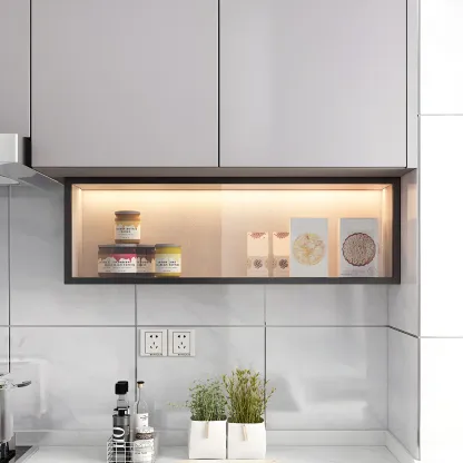 kitchen Black Wall Mount Wood Short LED China Cabinet Image - 2