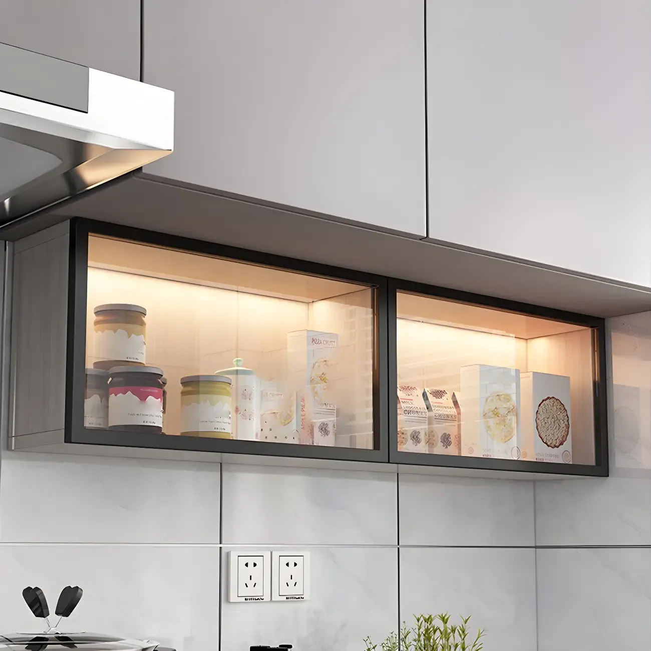 kitchen Black Wall Mount Wood Short LED China Cabinet Image - 3