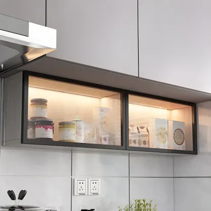 kitchen Black Wall Mount Wood Short LED China Cabinet Image - 3