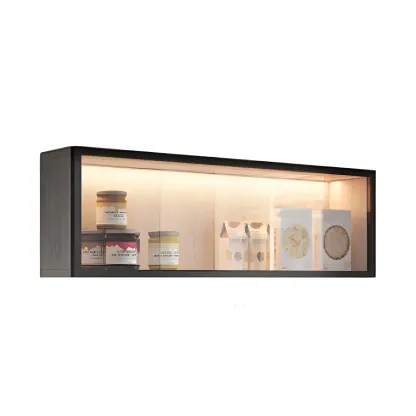 kitchen Black Wall Mount Wood Short LED China Cabinet Image - 10