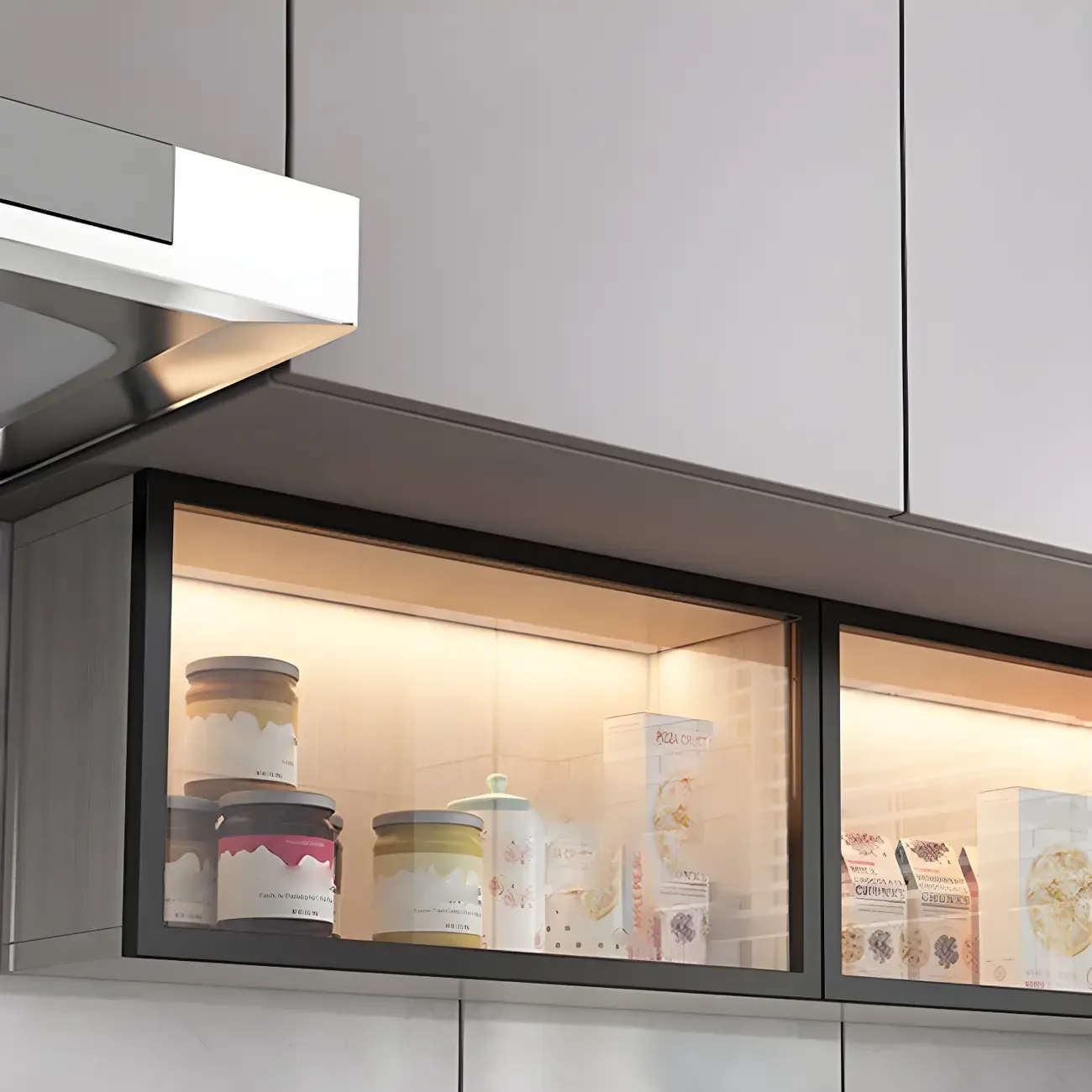 kitchen Black Wall Mount Wood Short LED China Cabinet Image - 9