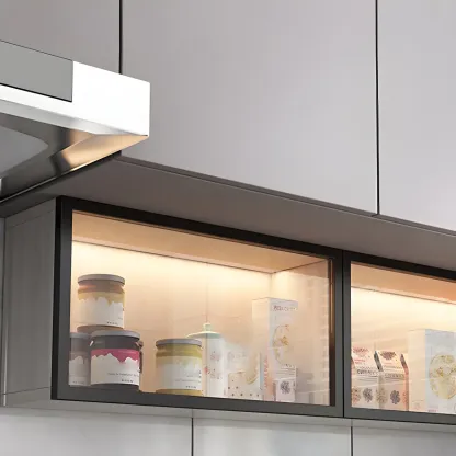 kitchen Black Wall Mount Wood Short LED China Cabinet Image - 9