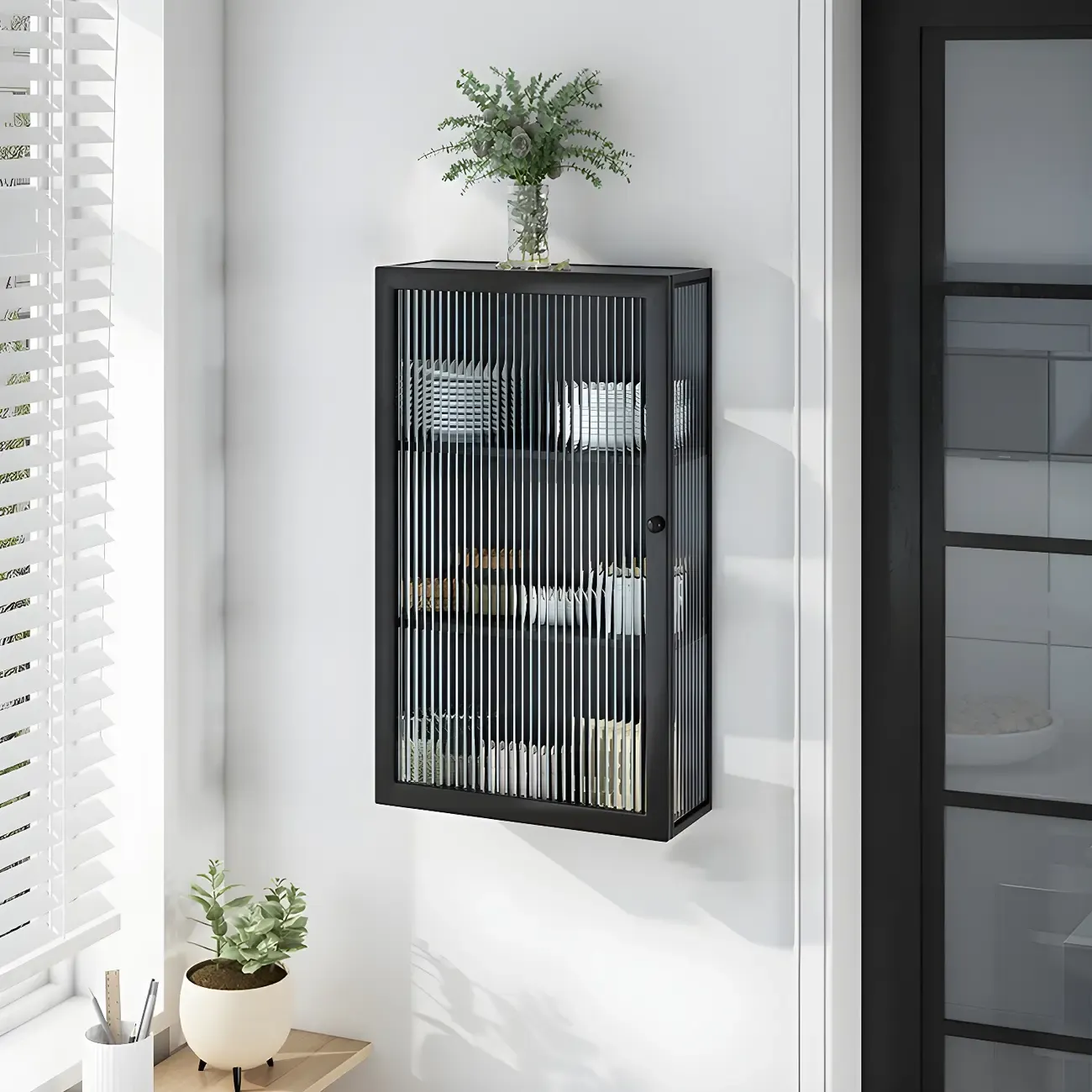 Modern Metal Black Wall-Mounted China Cabinet Image - 4