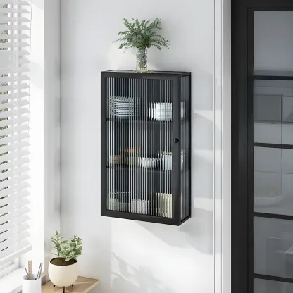 Modern Metal Black Wall-Mounted China Cabinet Image - 4