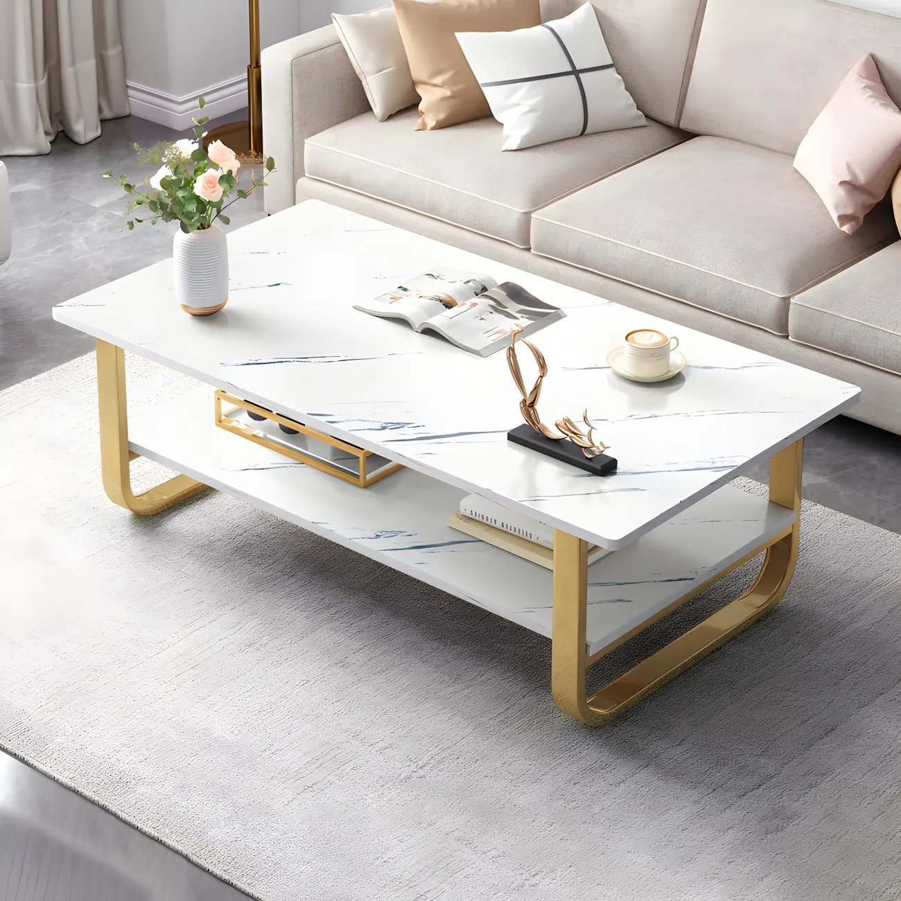 Modern White Rectangle Wood Metal Coffee Table Image - 2 | homeyfad