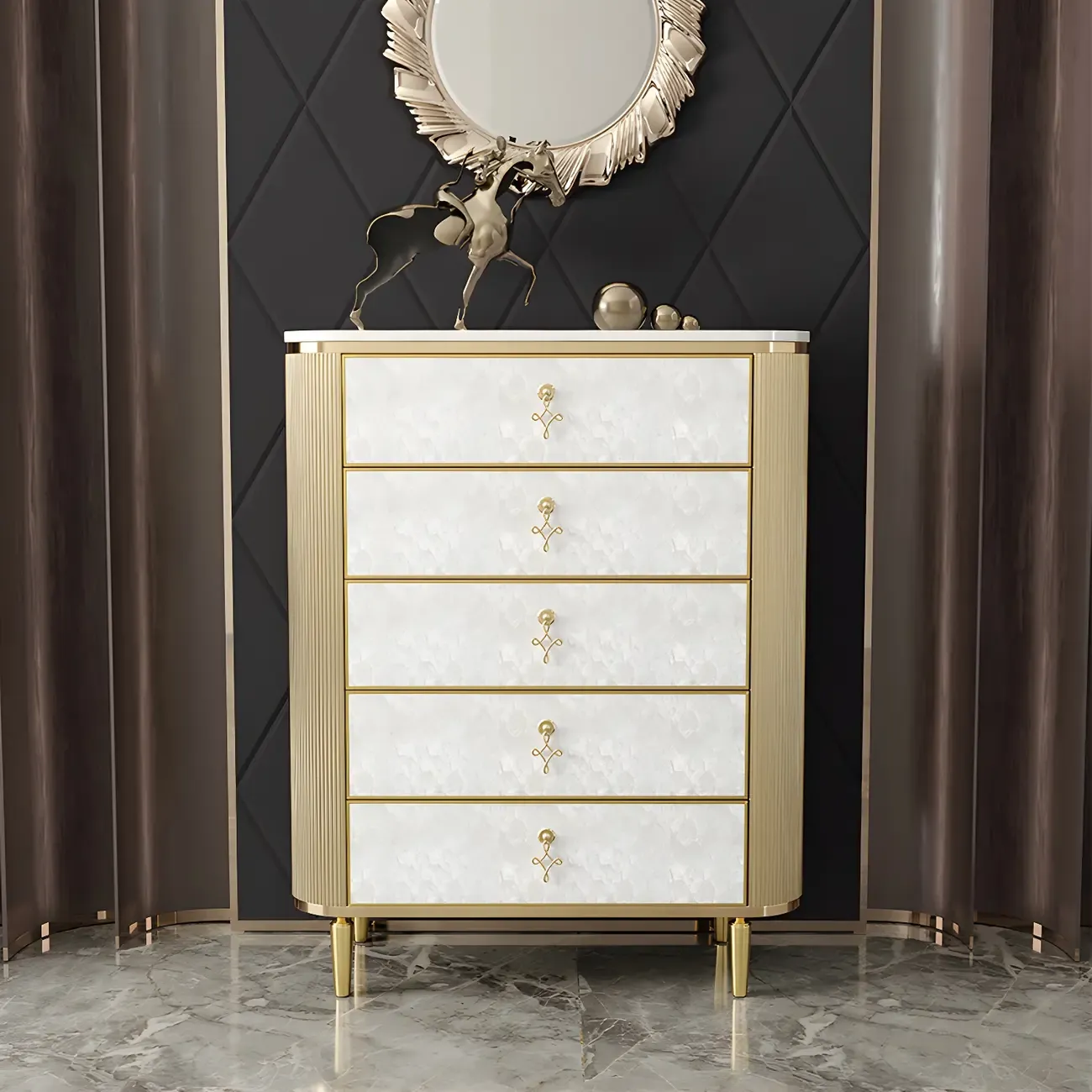 Glam White Stone Dresser with Gold Handles & Drawers for Home Image - 1