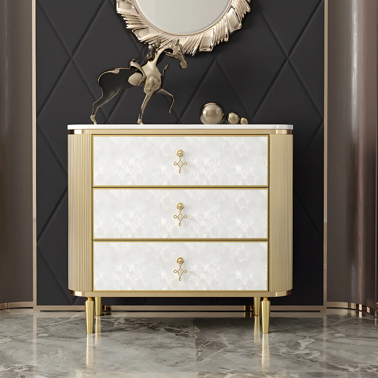 Glam White Stone Dresser with Gold Handles & Drawers for Home Image - 2 | homeyfad
