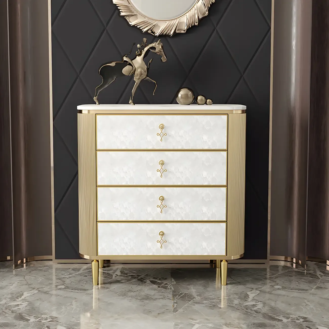 Glam White Stone Dresser with Gold Handles & Drawers for Home Image - 3