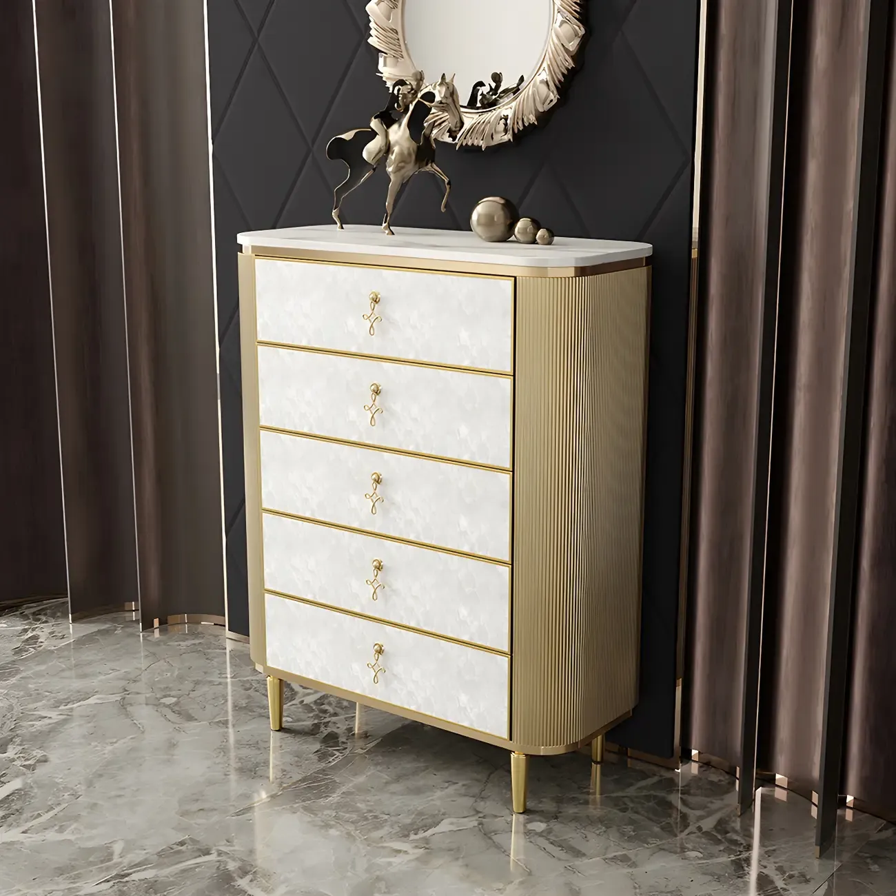 Glam White Stone Dresser with Gold Handles & Drawers for Home Image - 4