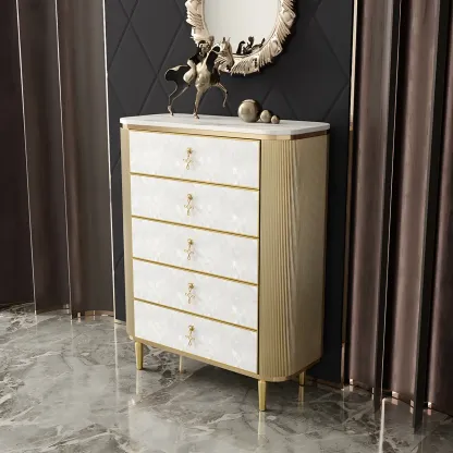 Glam White Stone Dresser with Gold Handles & Drawers for Home Image - 4