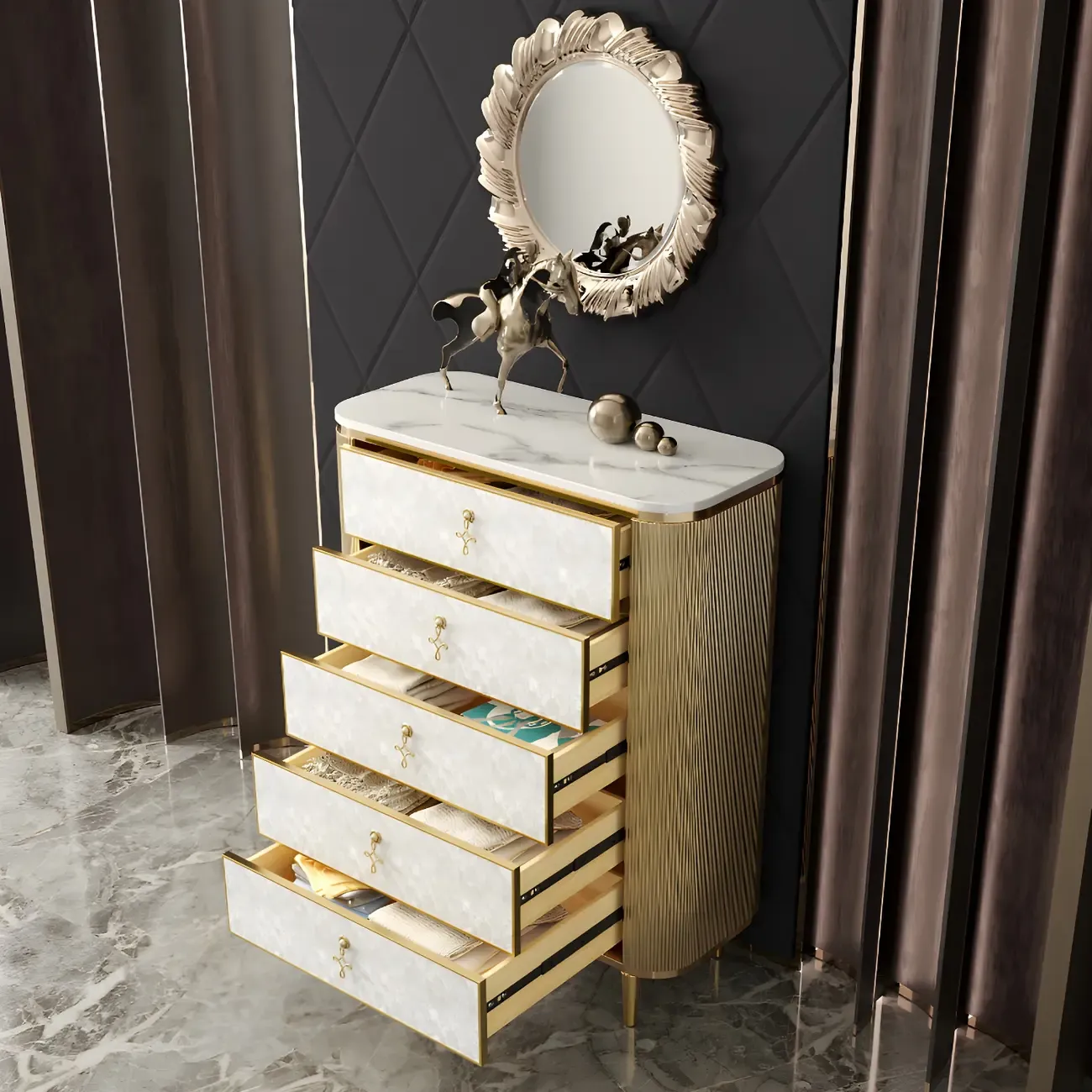 Glam White Stone Dresser with Gold Handles & Drawers for Home Image - 5