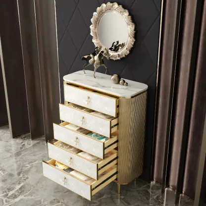 Glam White Stone Dresser with Gold Handles & Drawers for Home Image - 5