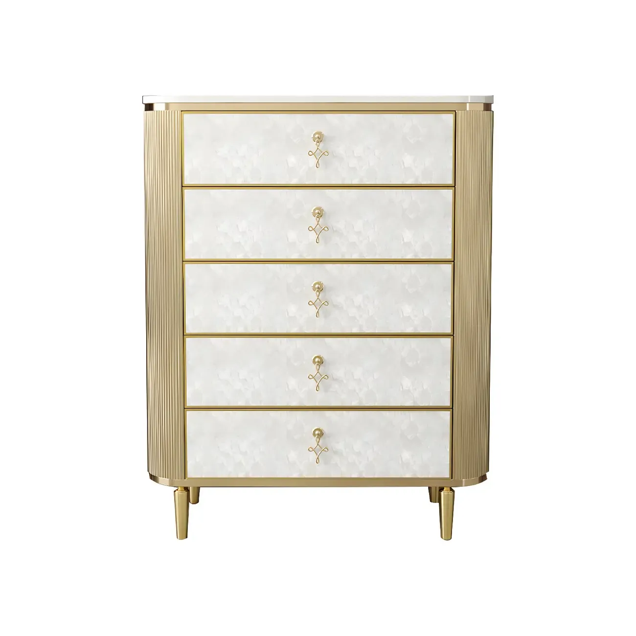 Glam White Stone Dresser with Gold Handles & Drawers for Home Image - 7