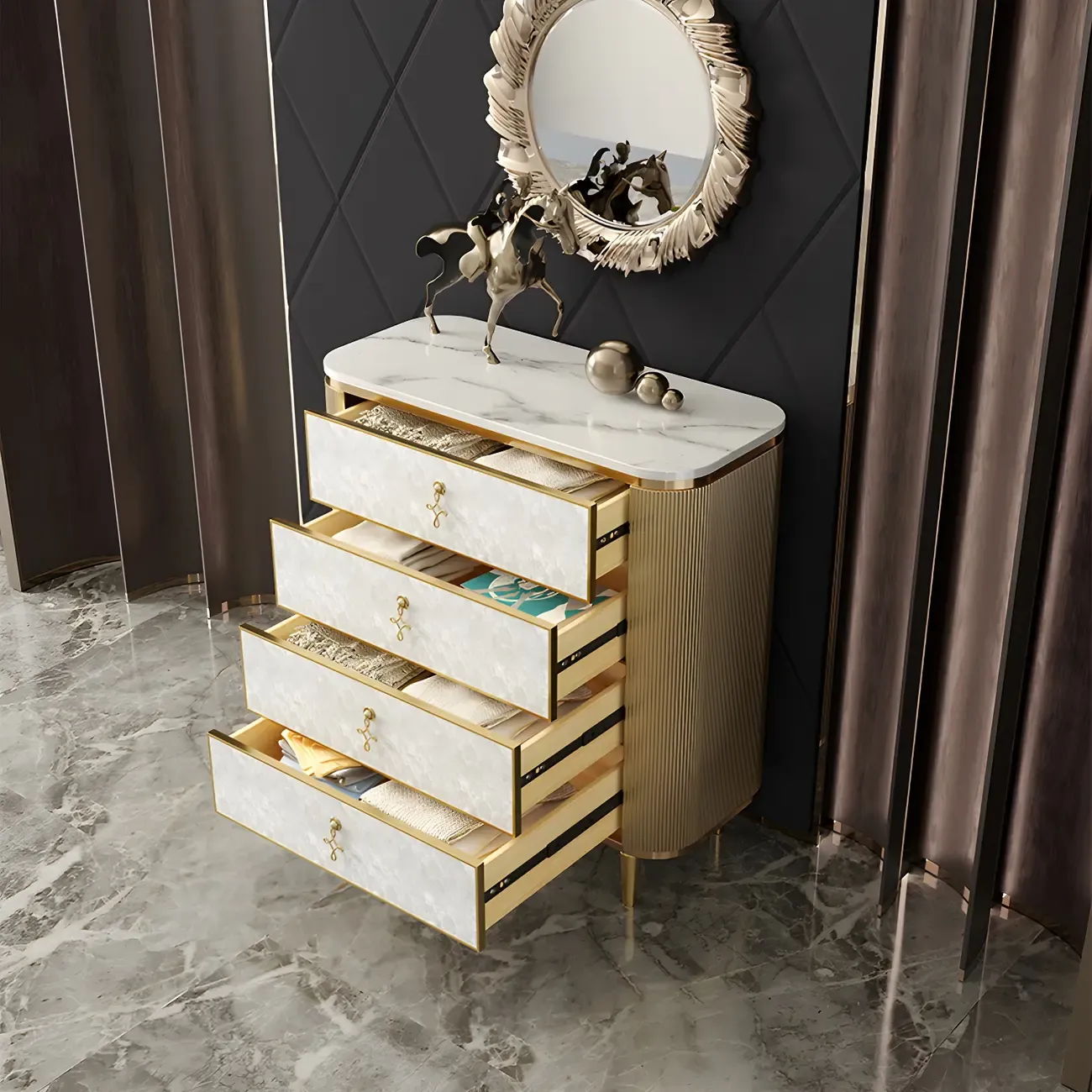 Glam White Stone Dresser with Gold Handles & Drawers for Home Image - 8