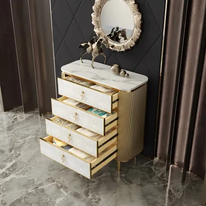 Glam White Stone Dresser with Gold Handles & Drawers for Home Image - 8
