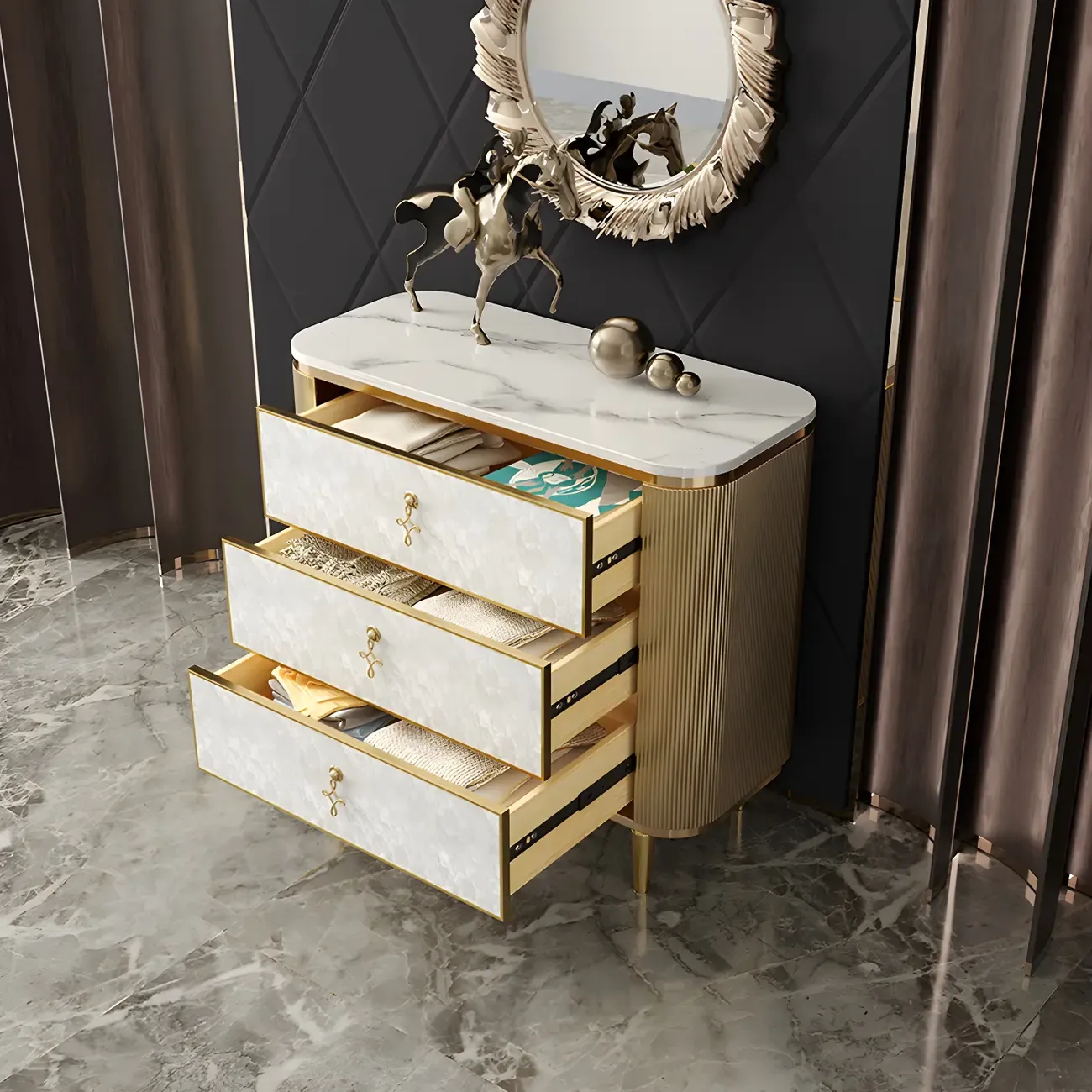Glam White Stone Dresser with Gold Handles & Drawers for Home Image - 9