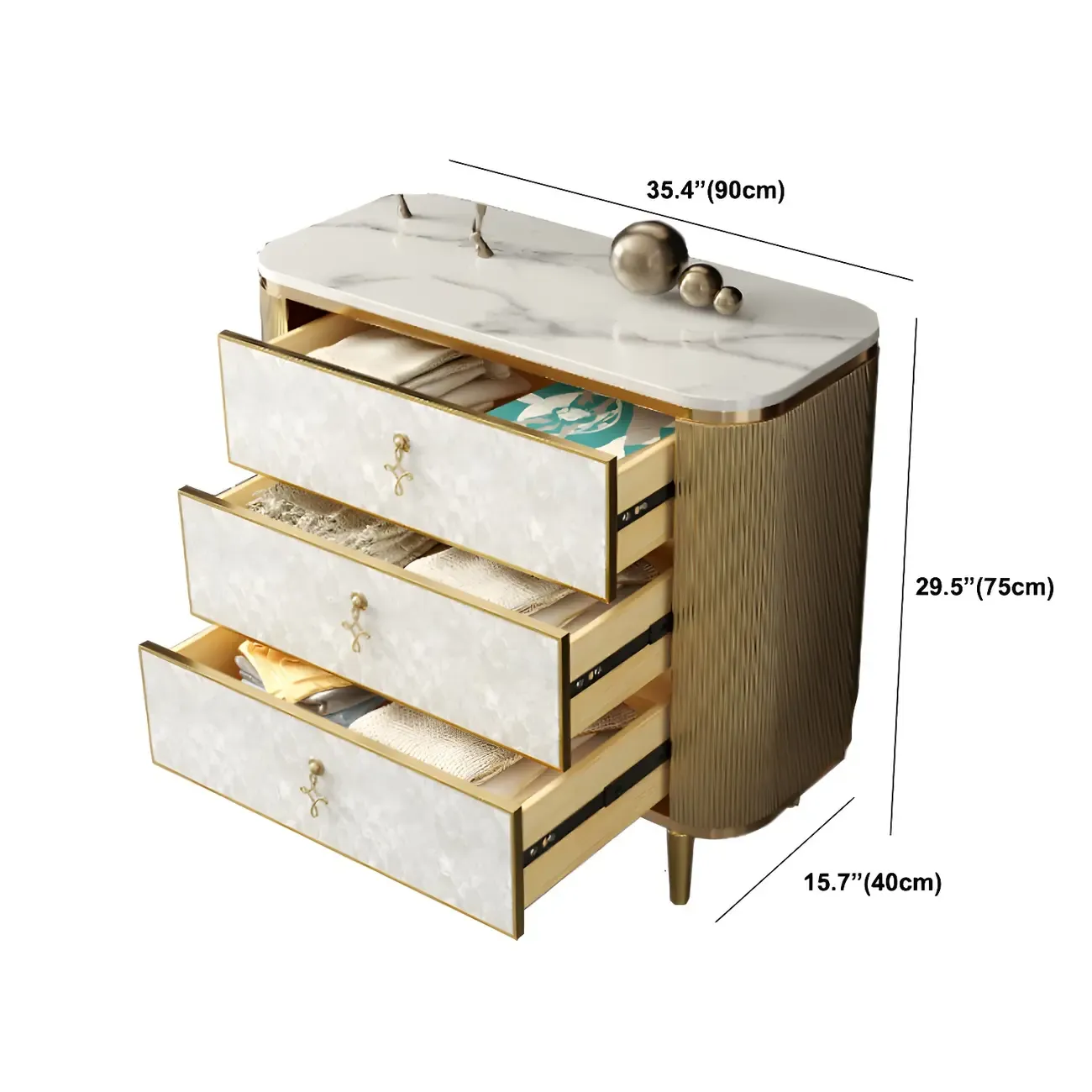 Glam White Stone Dresser with Gold Handles & Drawers for Home #size
