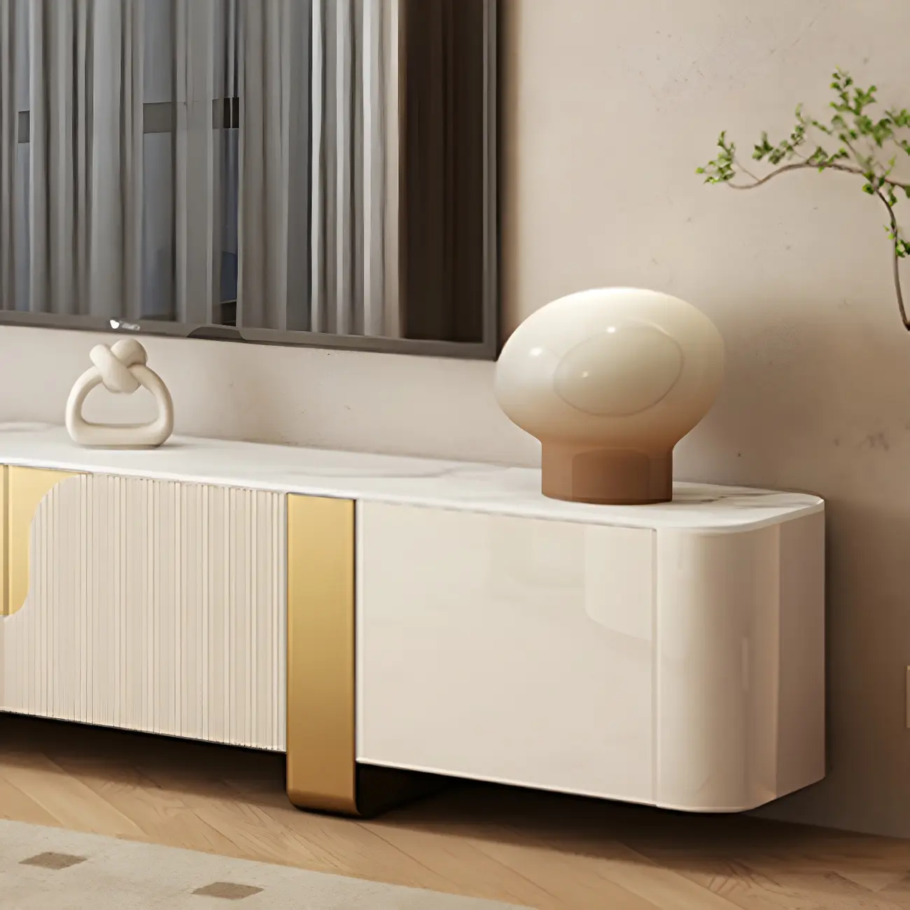 Minimalist Stone TV Stand with Gold Accents for Living Room Use Image - 8 | homeyfad