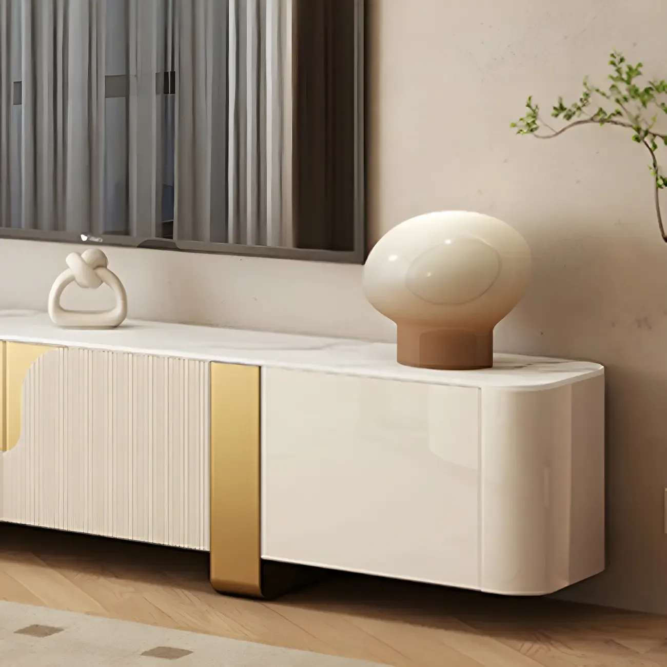 Minimalist Stone TV Stand with Gold Accents for Living Room Use Image - 8