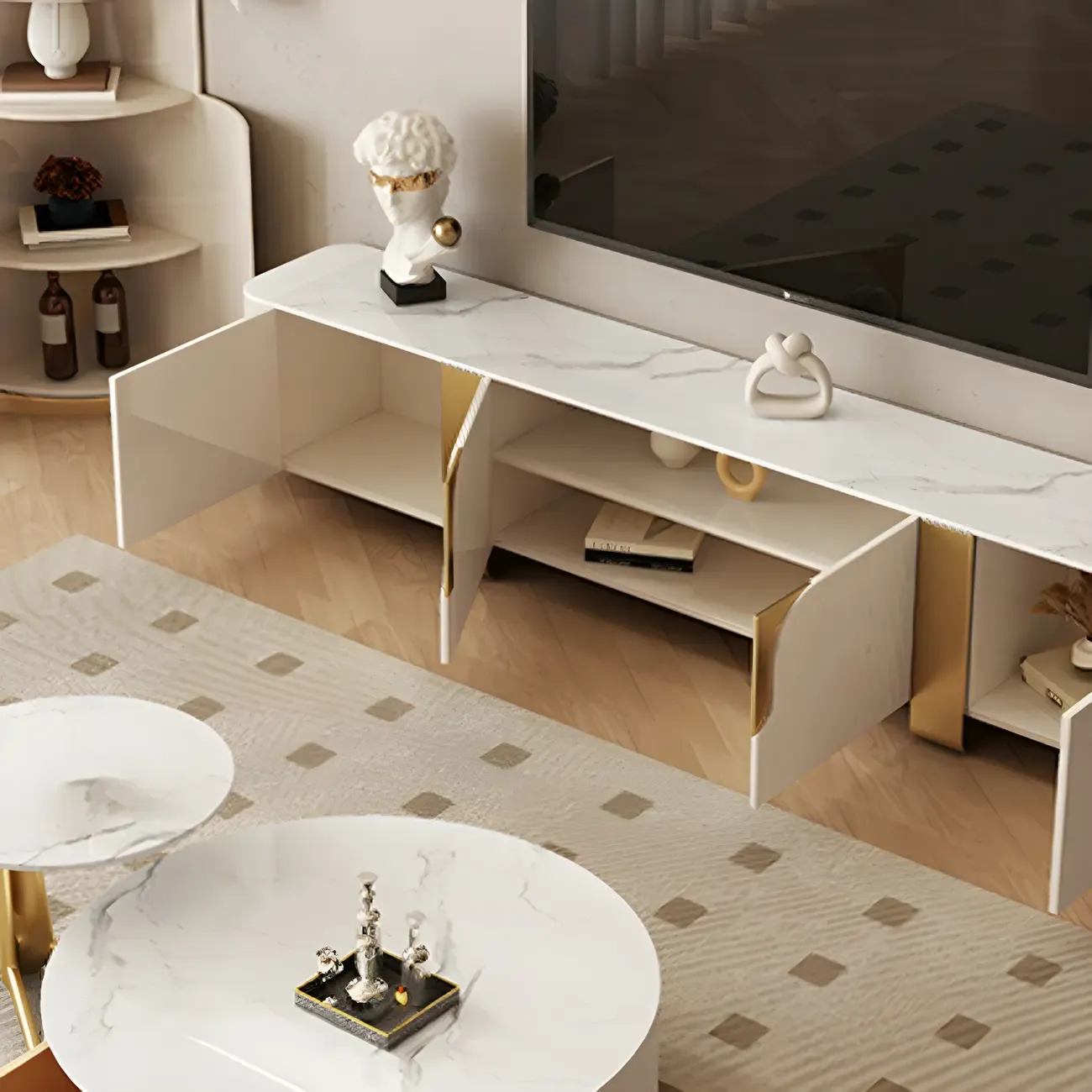 Minimalist Stone TV Stand with Gold Accents for Living Room Use Image - 9