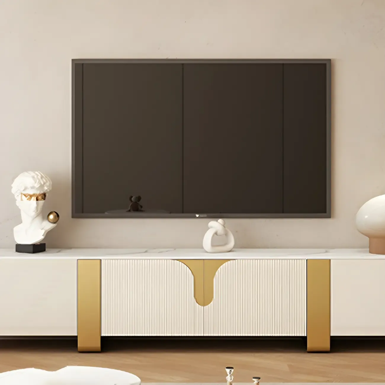 Minimalist Stone TV Stand with Gold Accents for Living Room Use Image - 10