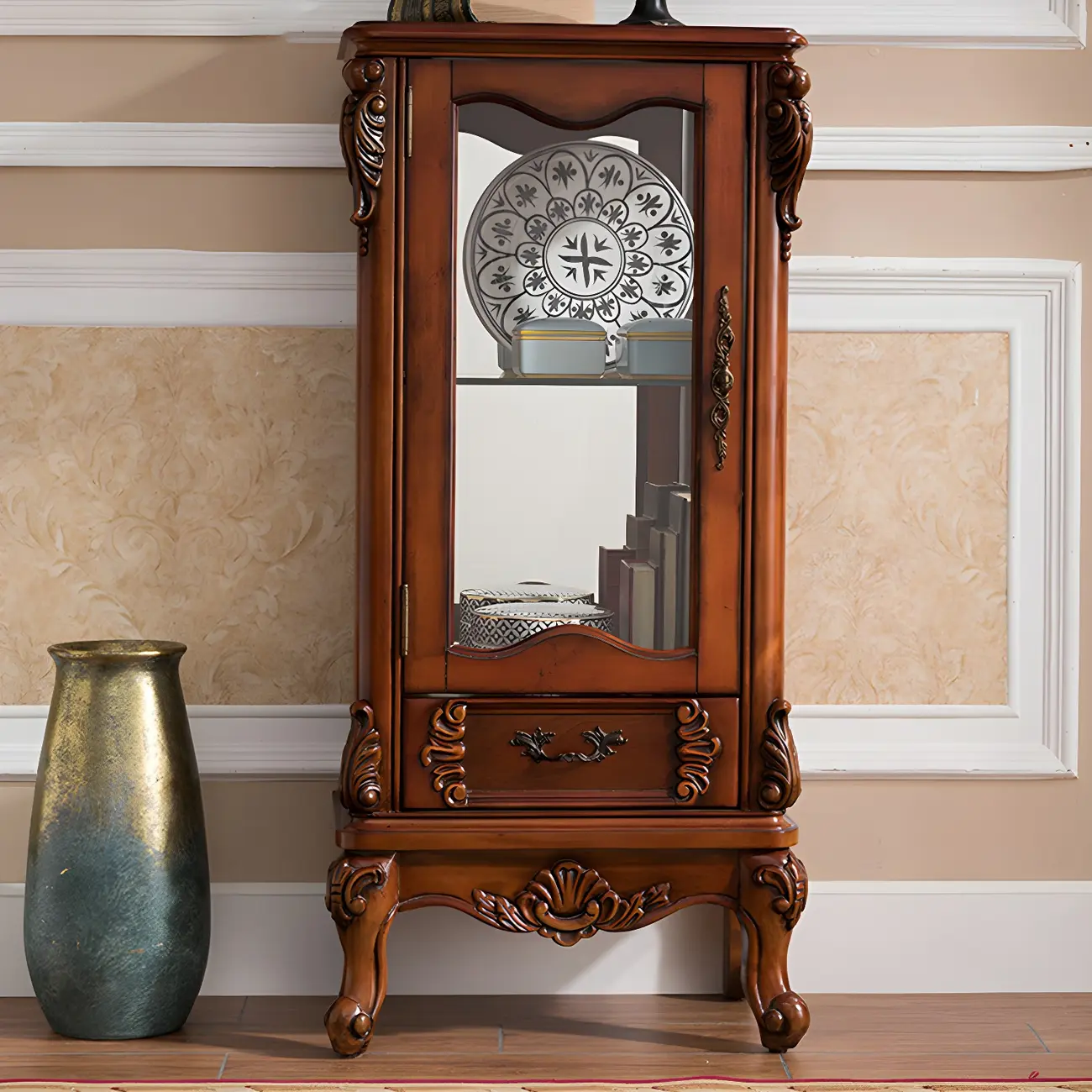 Retro Wooden Glass Display Cabinet with Drawer for Dining Room Image - 2 | homeyfad