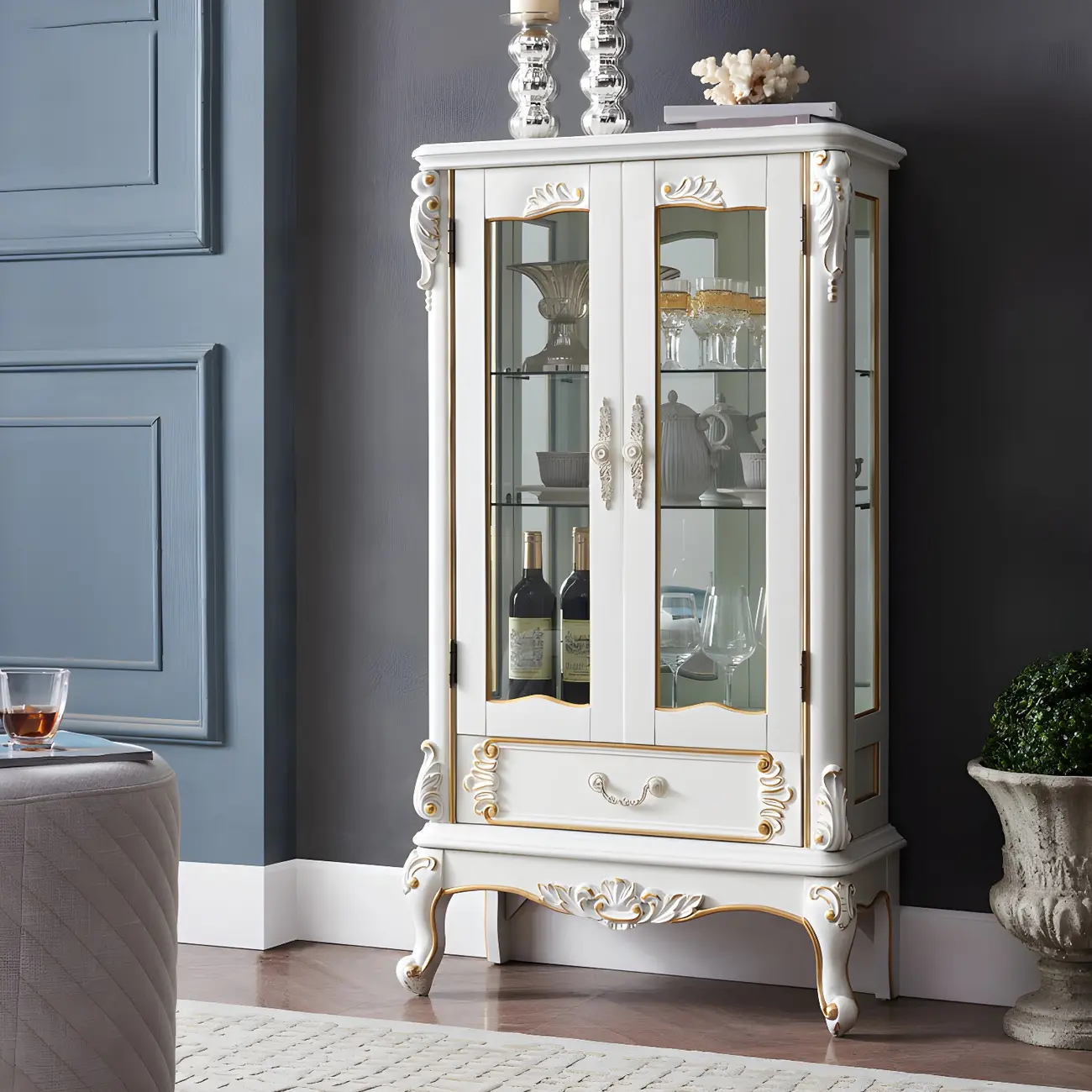 Retro Wooden Glass Display Cabinet with Drawer for Dining Room Image - 3 | homeyfad