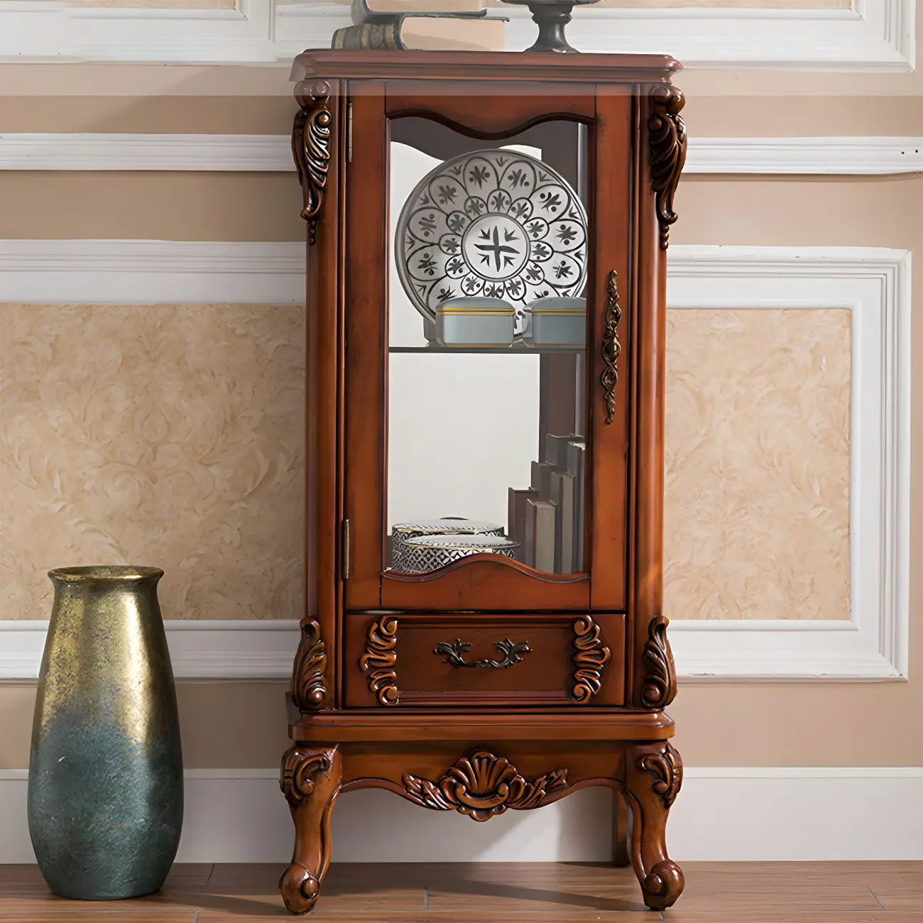 Retro Wooden Glass Display Cabinet with Drawer for Dining Room Image - 4 | homeyfad