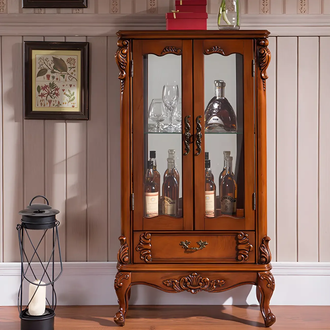 Retro Wooden Glass Display Cabinet with Drawer for Dining Room Image - 6