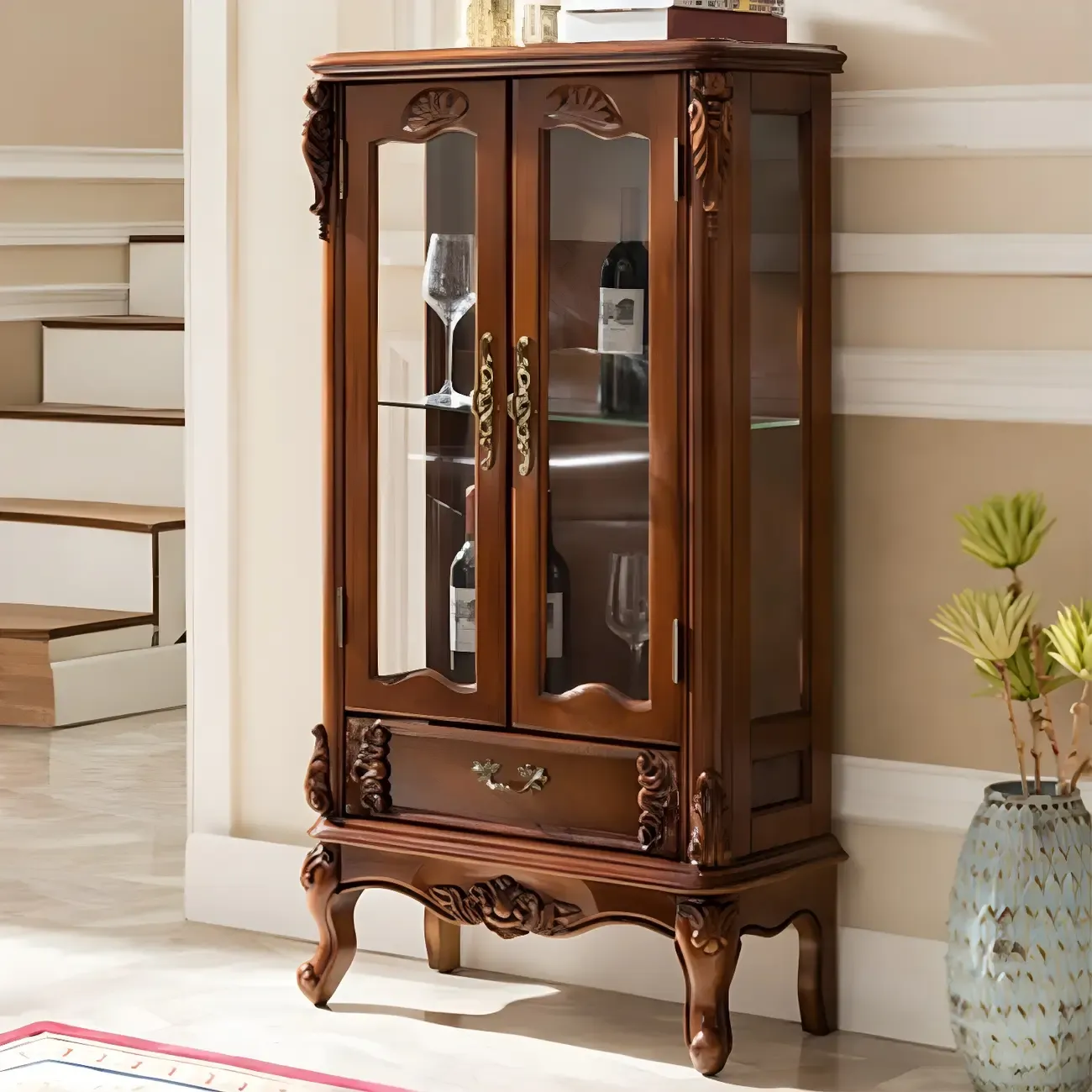 Retro Wooden Glass Display Cabinet with Drawer for Dining Room Image - 7