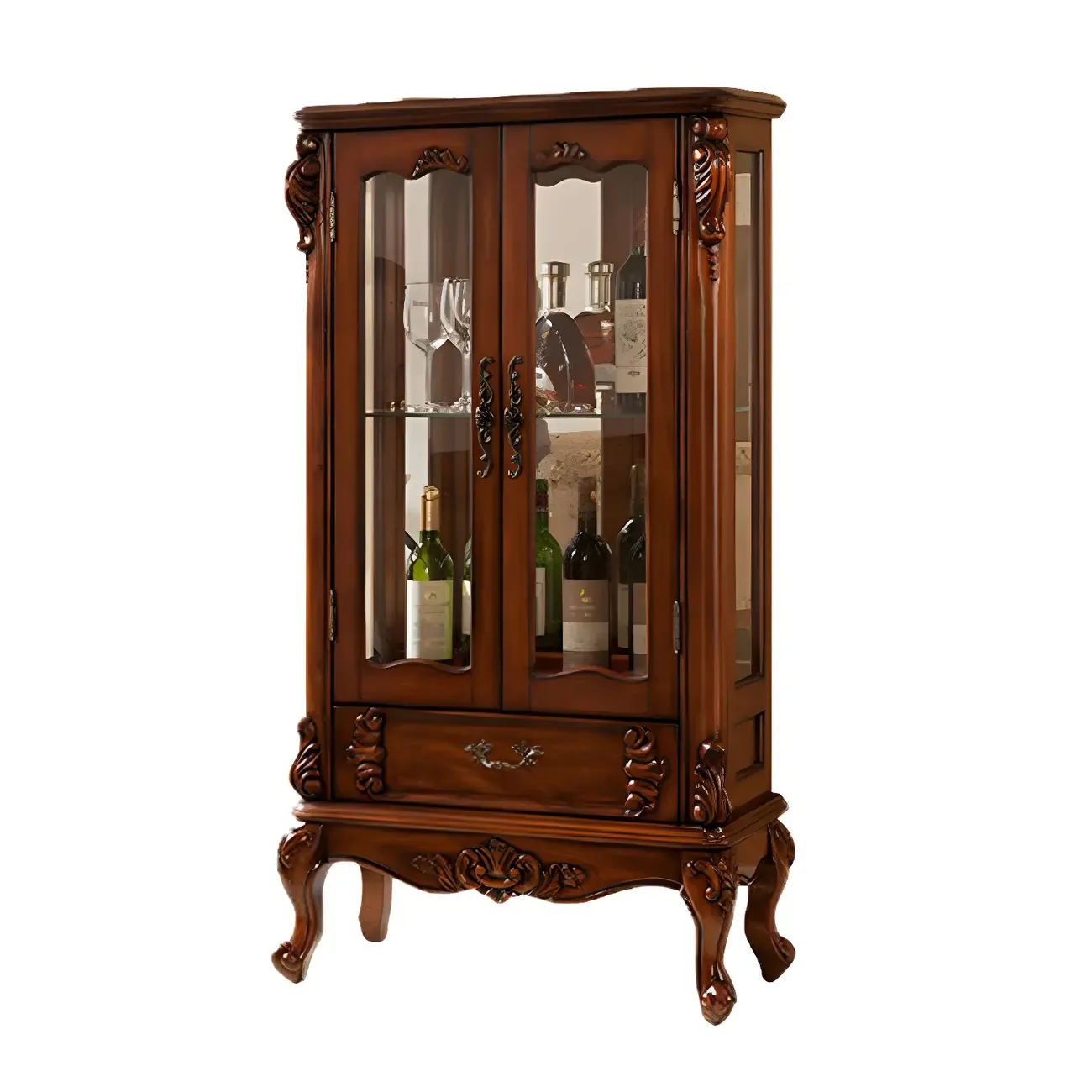 Retro Wooden Glass Display Cabinet with Drawer for Dining Room Image - 9
