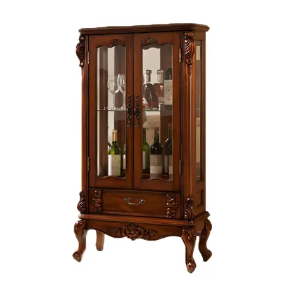 Retro Wooden Glass Display Cabinet with Drawer for Dining Room Image - 9