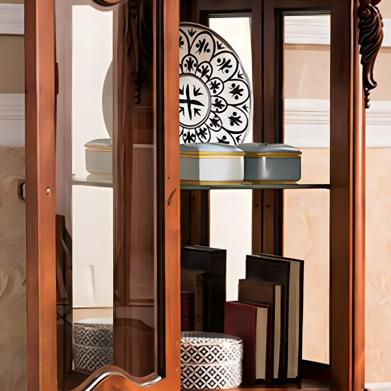 Retro Wooden Glass Display Cabinet with Drawer for Dining Room Image - 12 | homeyfad