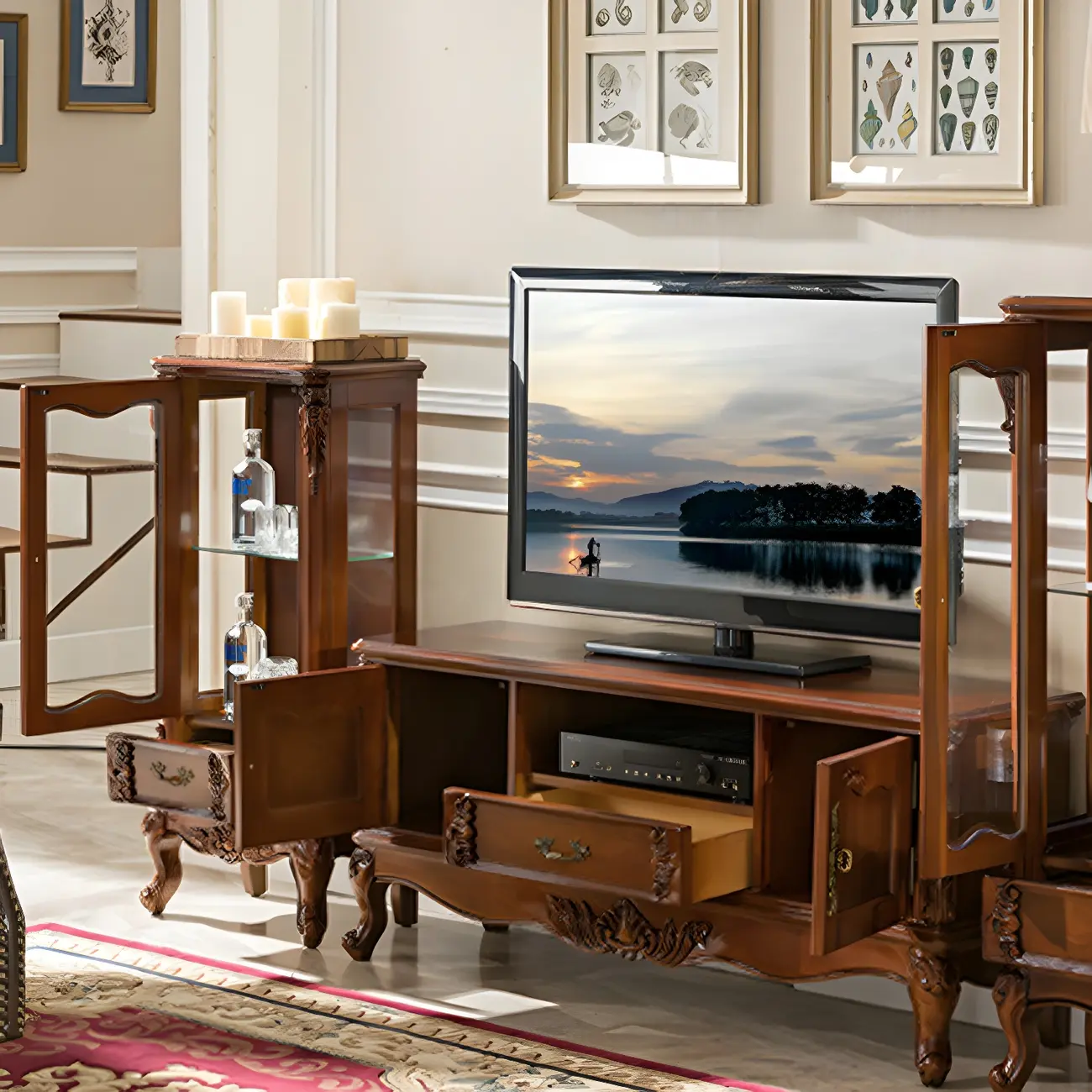 Retro Wooden Glass Display Cabinet with Drawer for Dining Room Image - 14 | homeyfad