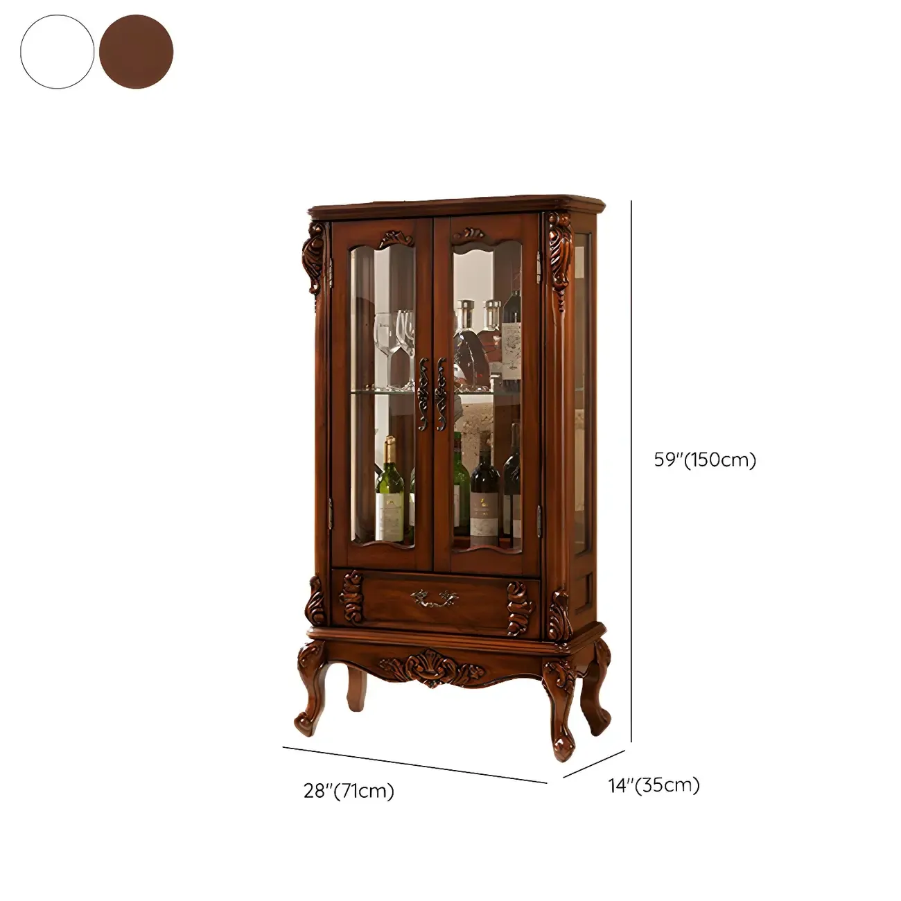 Retro Wooden Glass Display Cabinet with Drawer for Dining Room #size