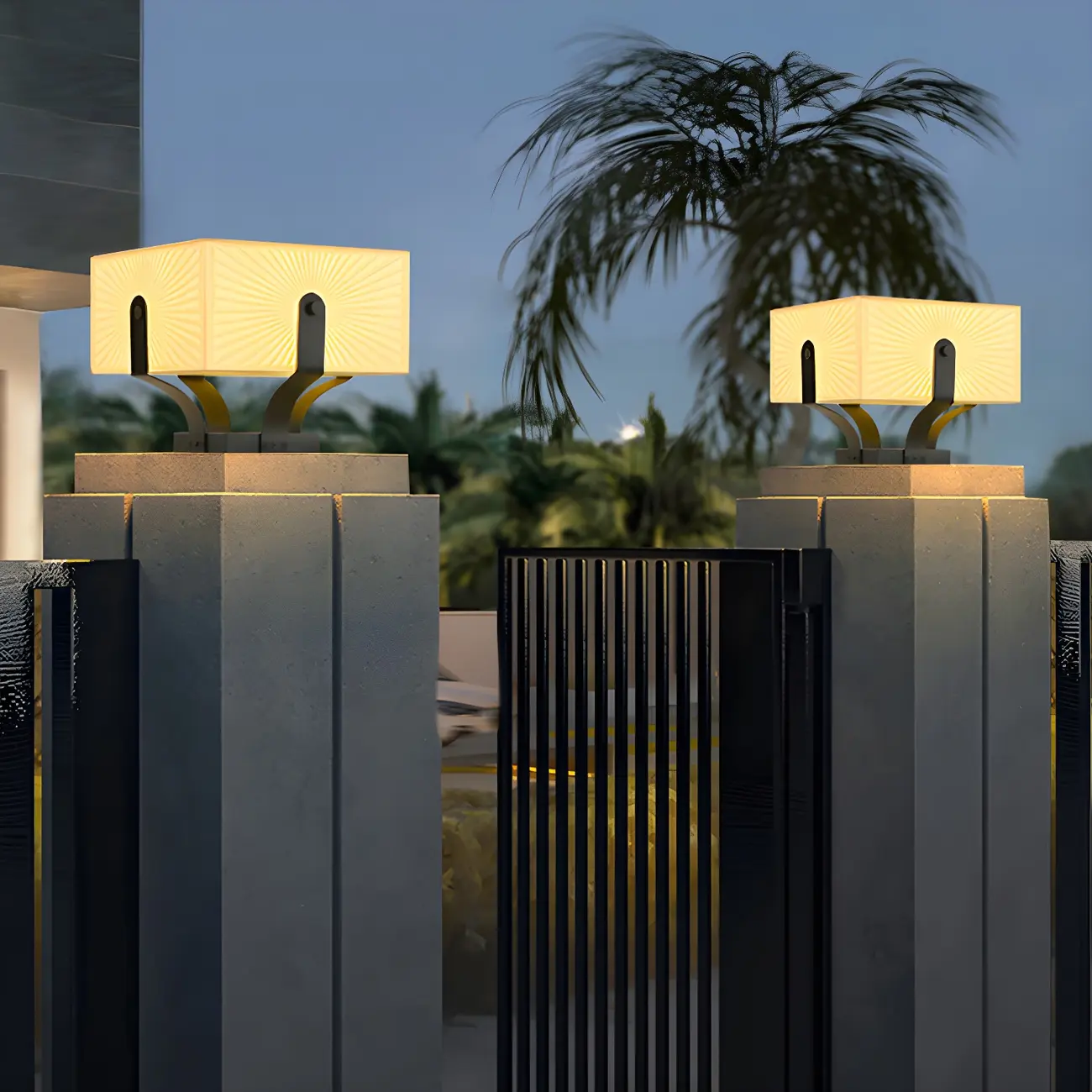 Black Elegant Bracket Post Cap Light with Beige Cubic Shade Image - 2 | homeyfad