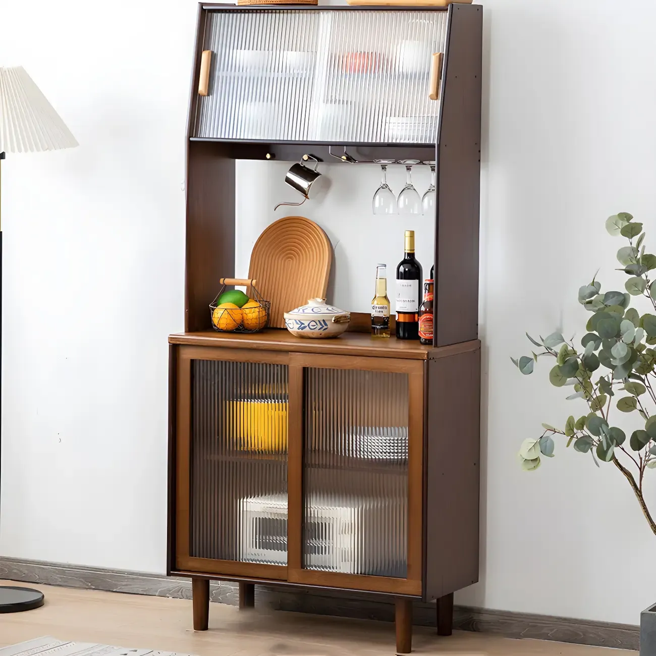 Glam Wooden Display Cabinet with Open Storage for Dining Room Image - 4