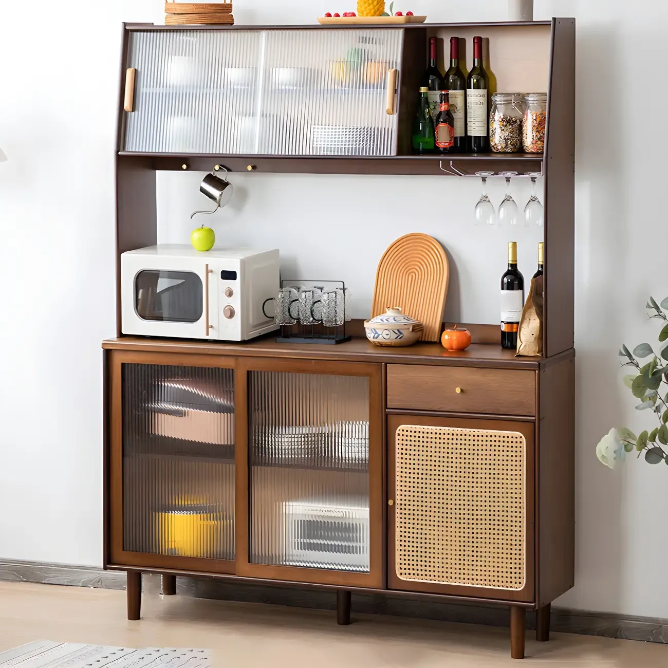 Glam Wooden Display Cabinet with Open Storage for Dining Room Image - 5