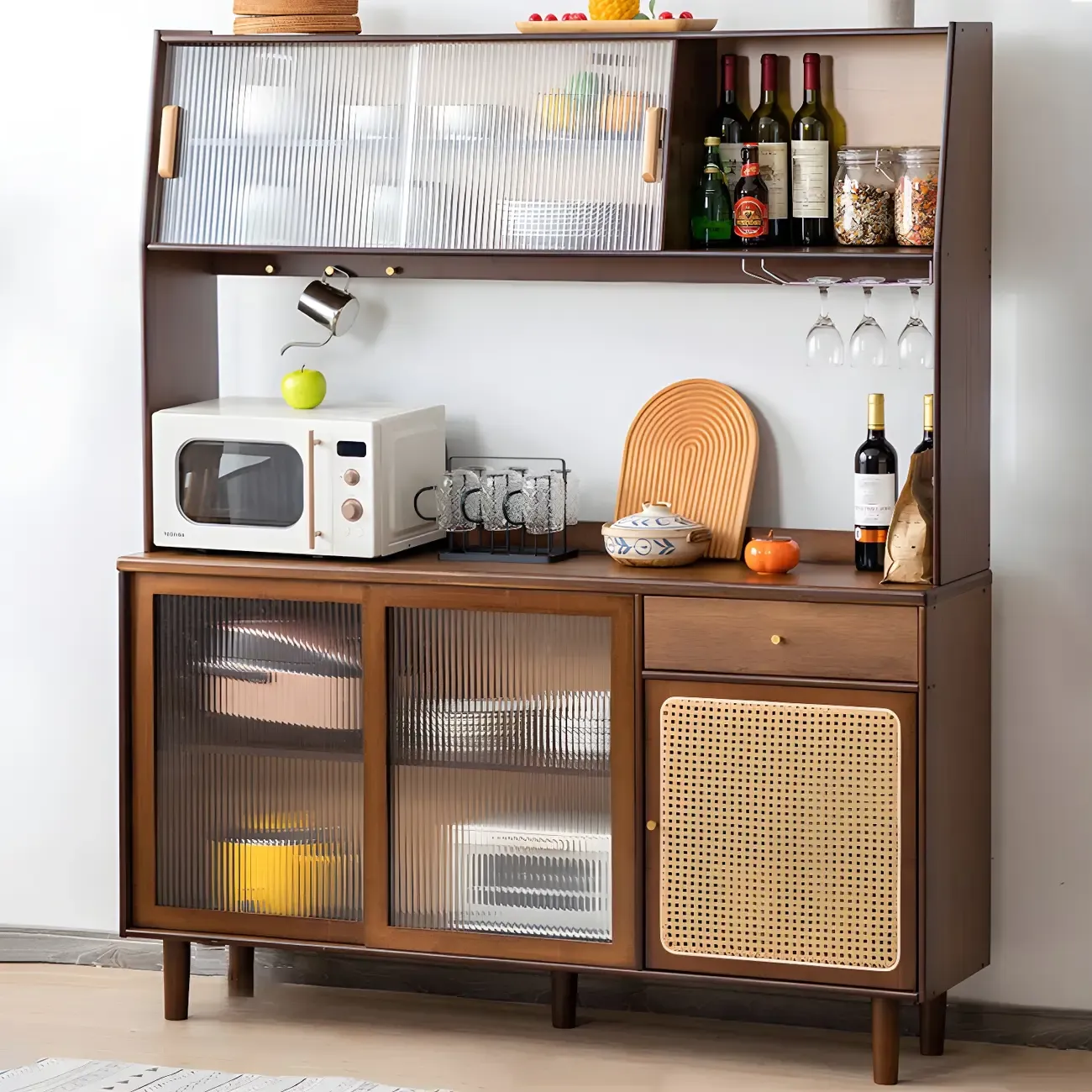 Glam Wooden Display Cabinet with Open Storage for Dining Room Image - 6