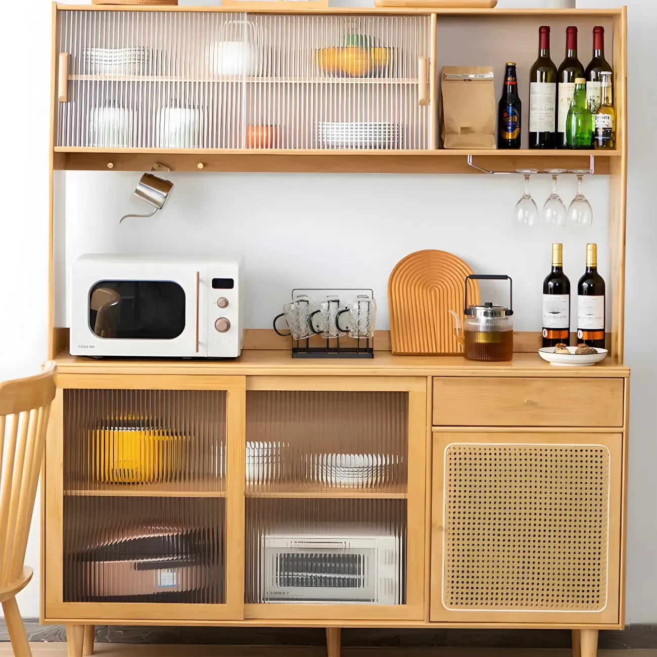 Glam Wooden Display Cabinet with Open Storage for Dining Room Image - 11