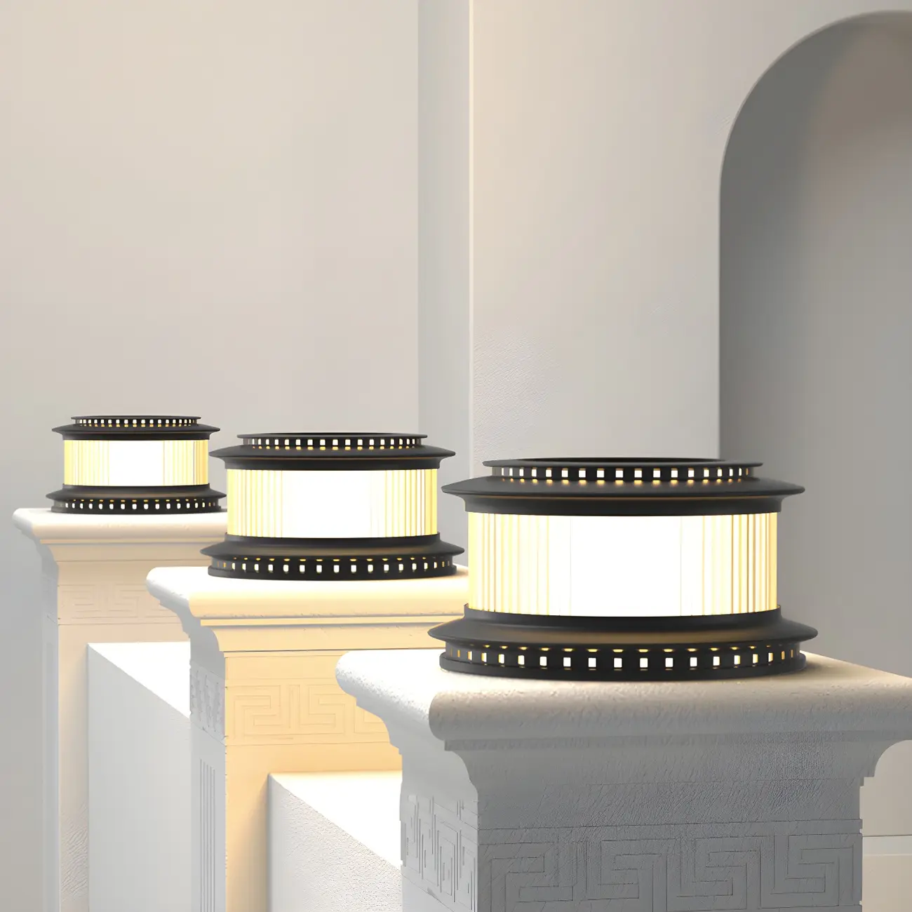 Black Metal Circular Drum Post Cap Light Image - 1 | homeyfad