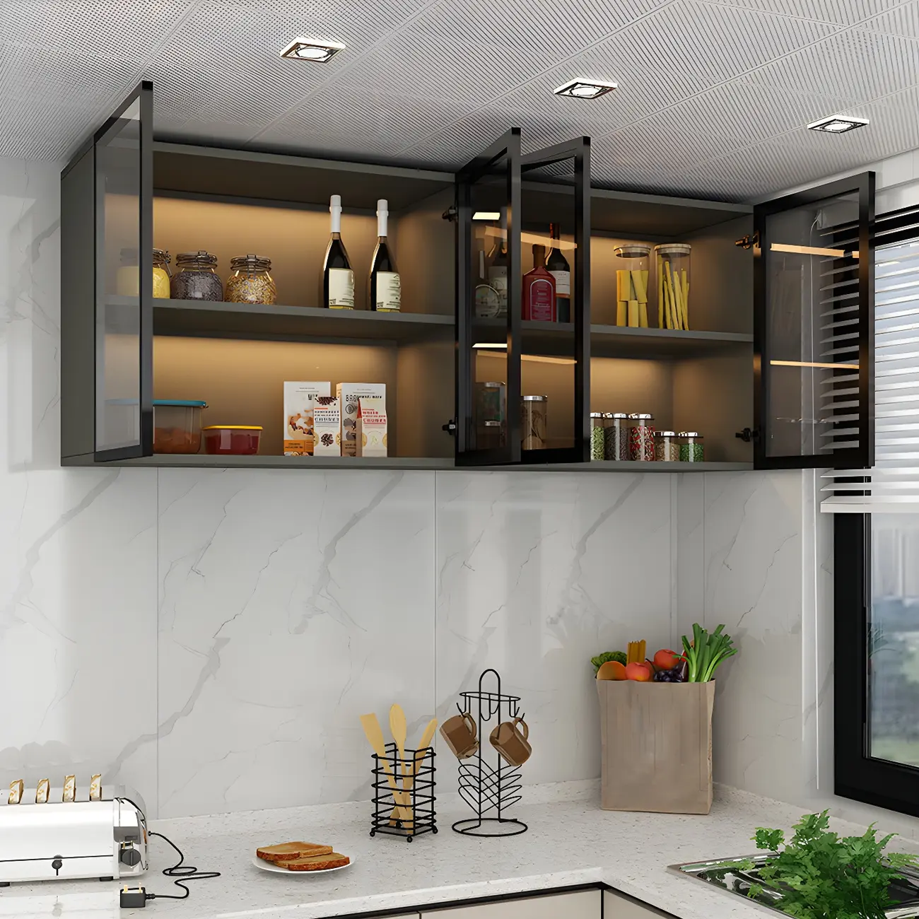 Black Wood Floating Mount Glass Dooor Kitchen China Cabinet Image - 1 | homeyfad