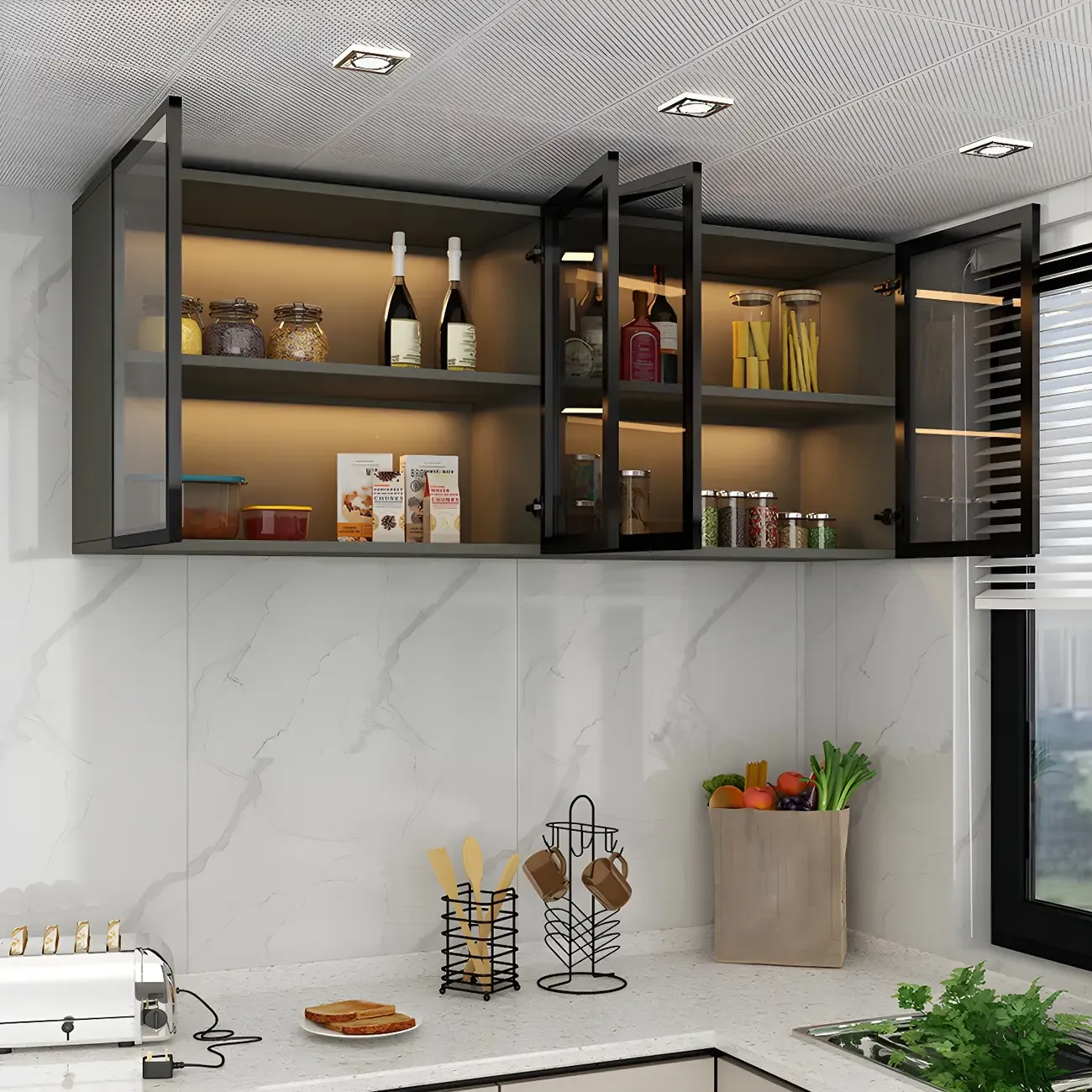 Black Wood Floating Mount Glass Dooor Kitchen China Cabinet Image - 1