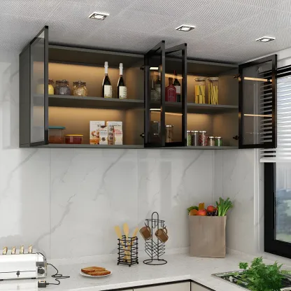 Black Wood Floating Mount Glass Dooor Kitchen China Cabinet Image - 1
