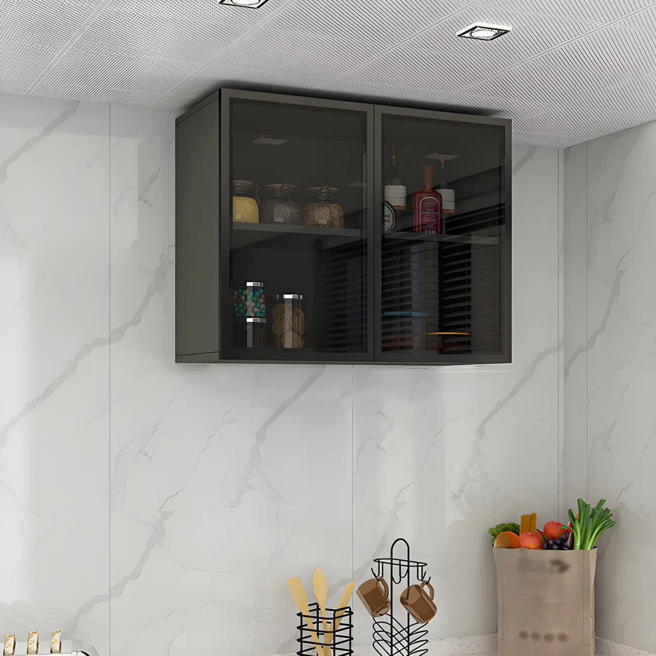 Black Wood Floating Mount Glass Dooor Kitchen China Cabinet Image - 2 | homeyfad